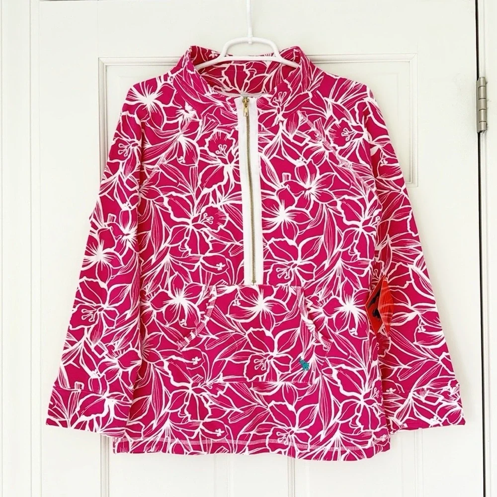 NWT TRACY NEGOSHIAN pullover size M pink white floral 3/4 zip pocket - Picture 2 of 8